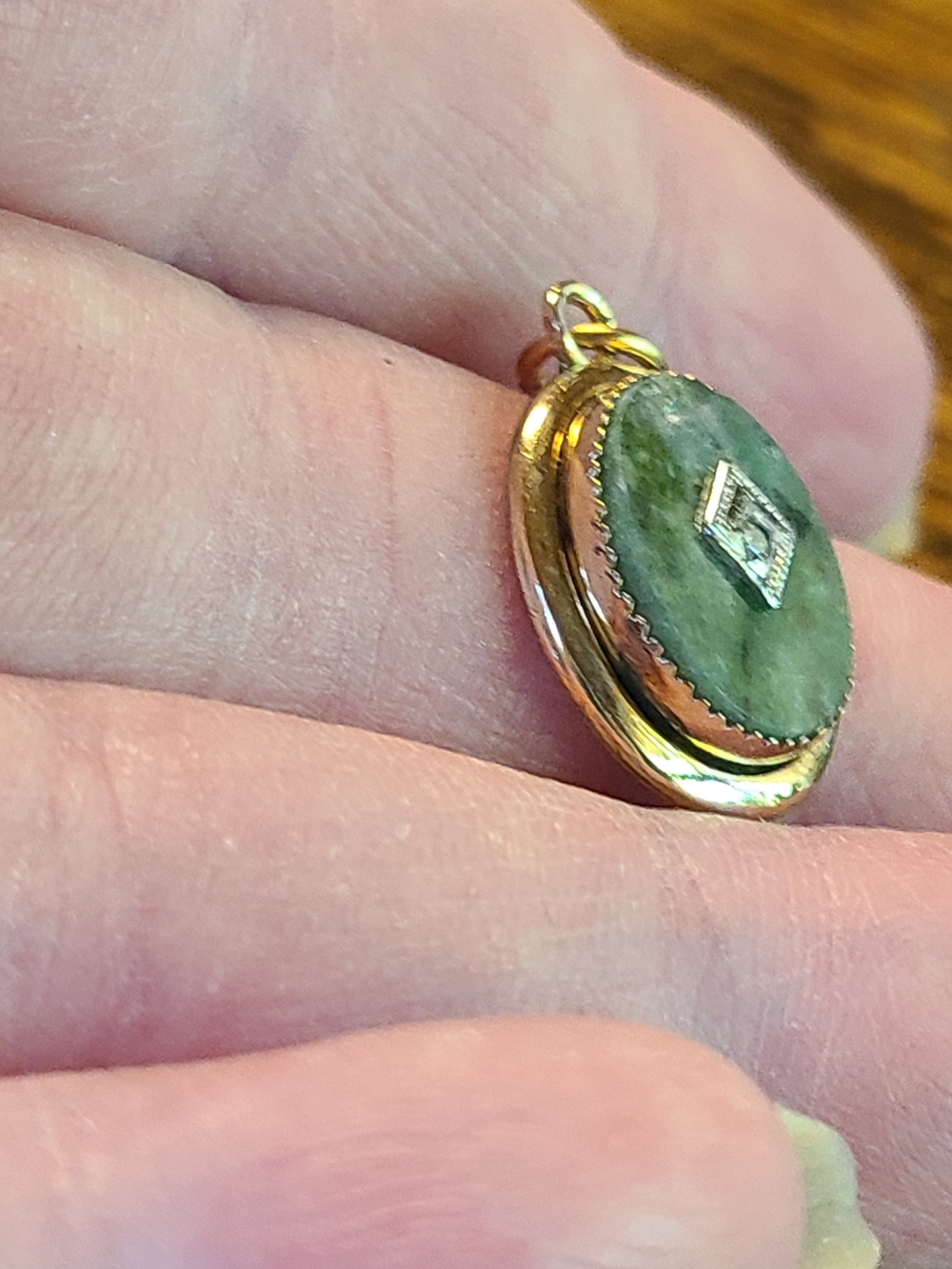 Antique Gold Green Stone Oval Pendant with Silver Accent - Picture 2 of 13